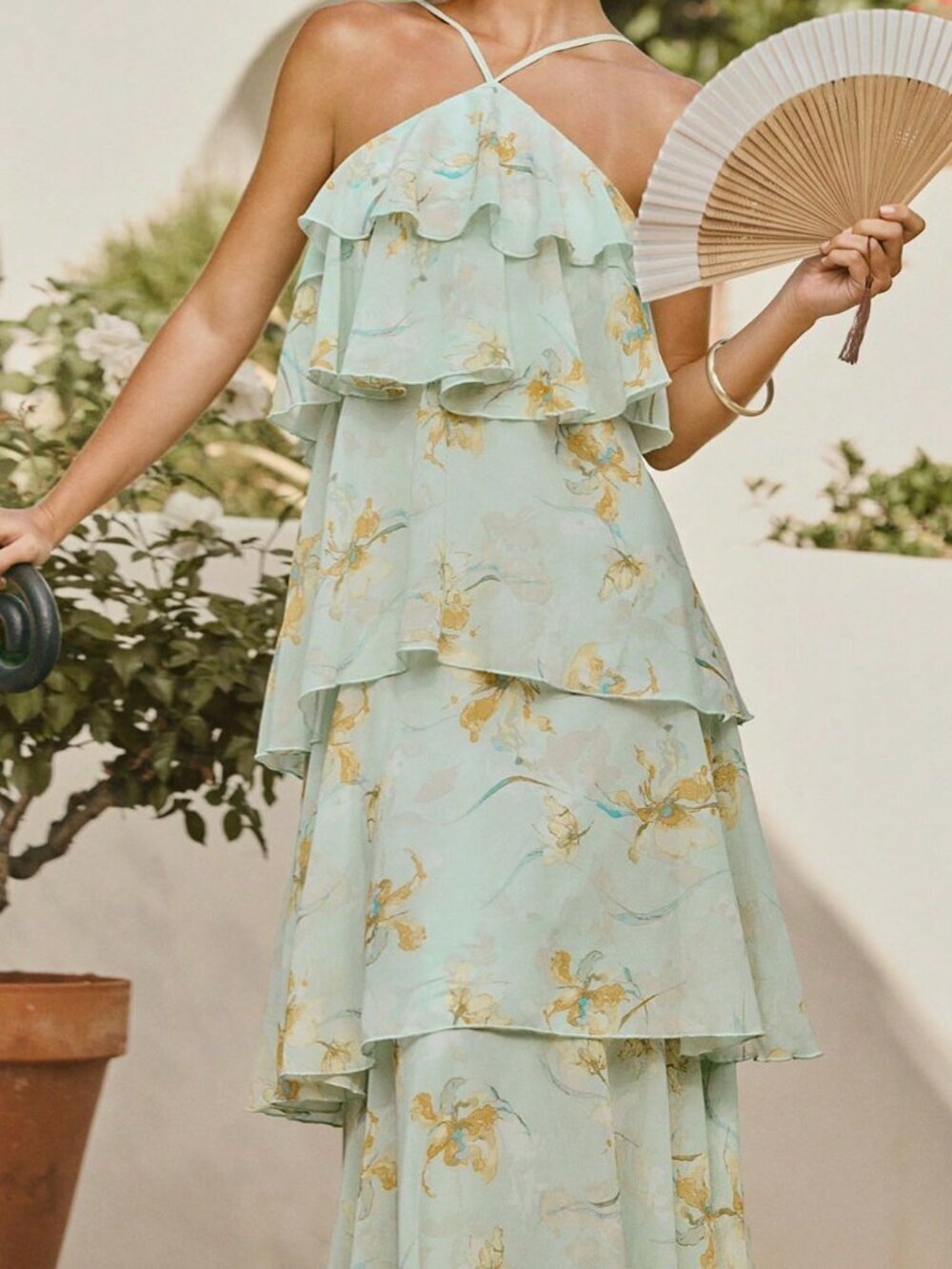 Green Boho Women's Halter Neck Ruffle Floral Chiffon Backless Dress - Picture 5 of 8
